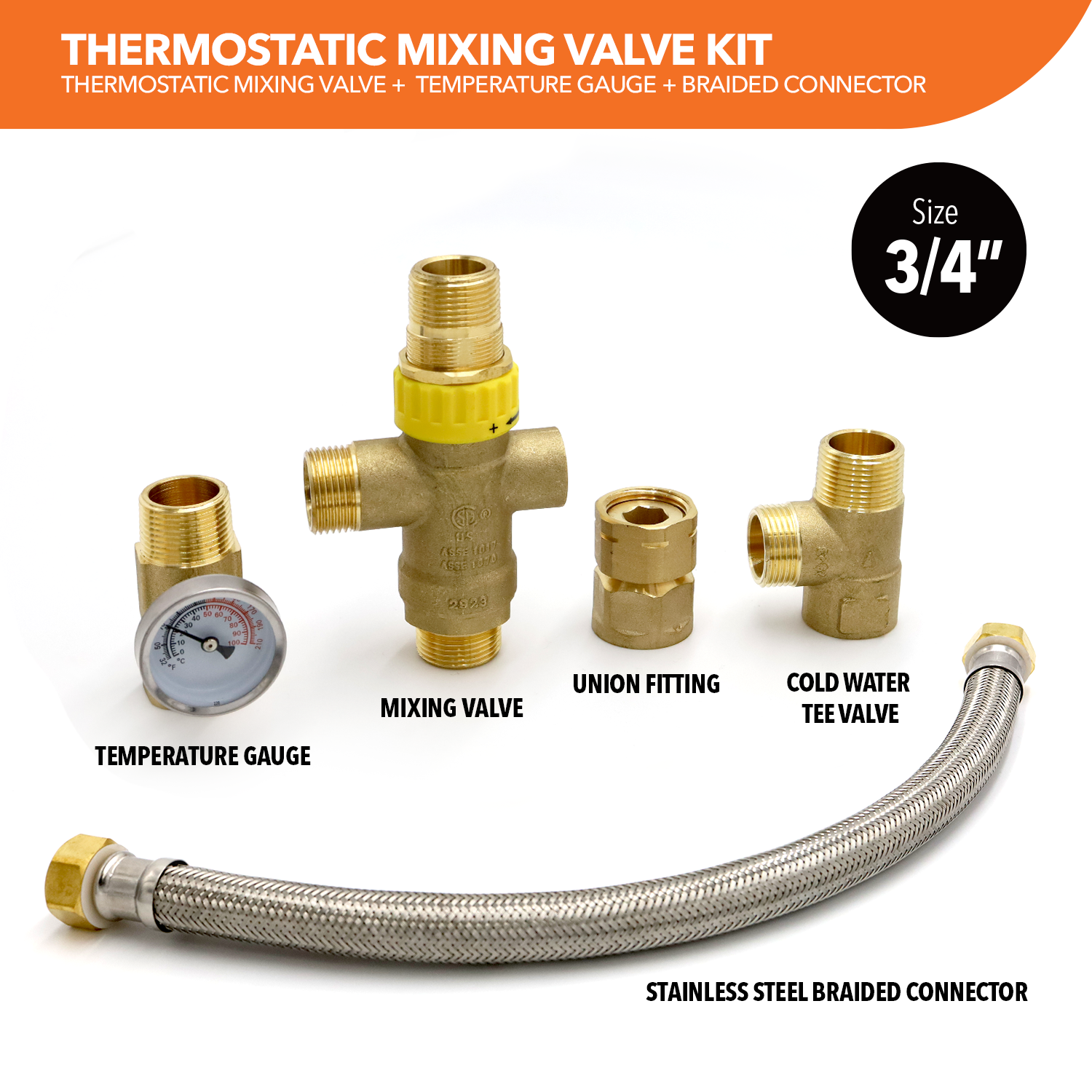 Water Heater Thermostatic Mixing Valve with Braided Connector - 0