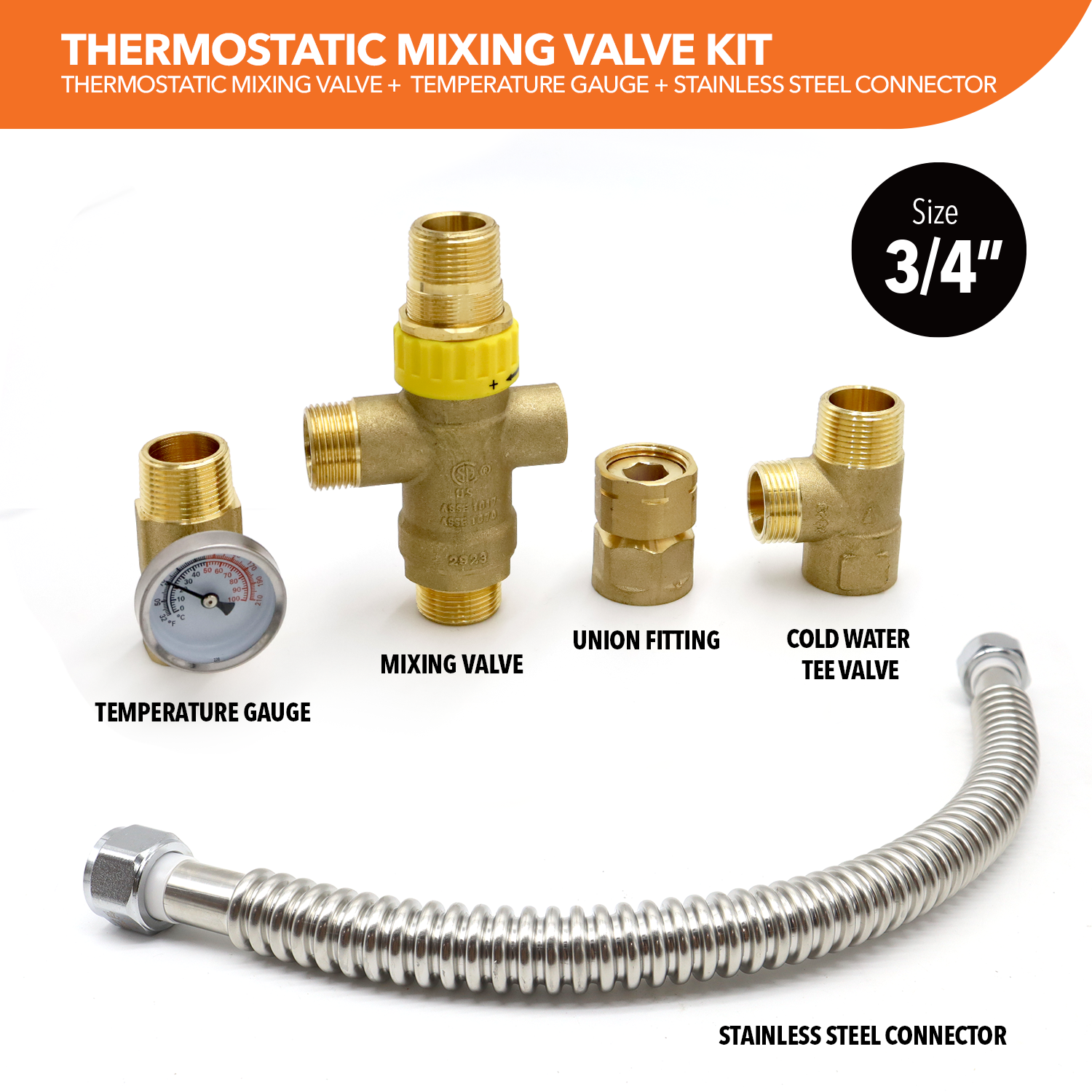 Water Heater Thermostatic Mixing Valve with Stainless Steel Connector - 0