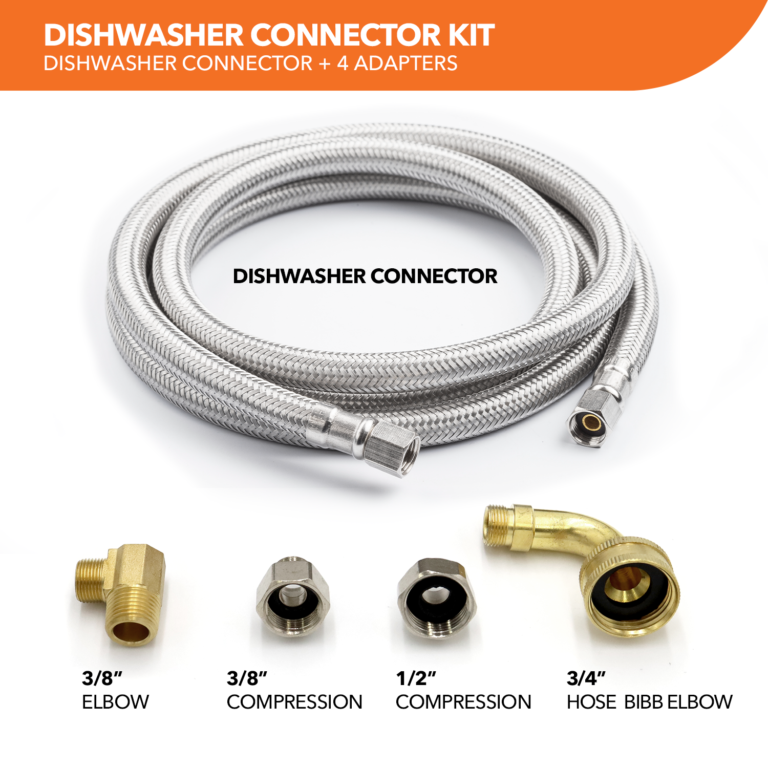 Dishwasher Kit - 3/8" Comp. Braided Dishwasher Connector + Adapters (4)