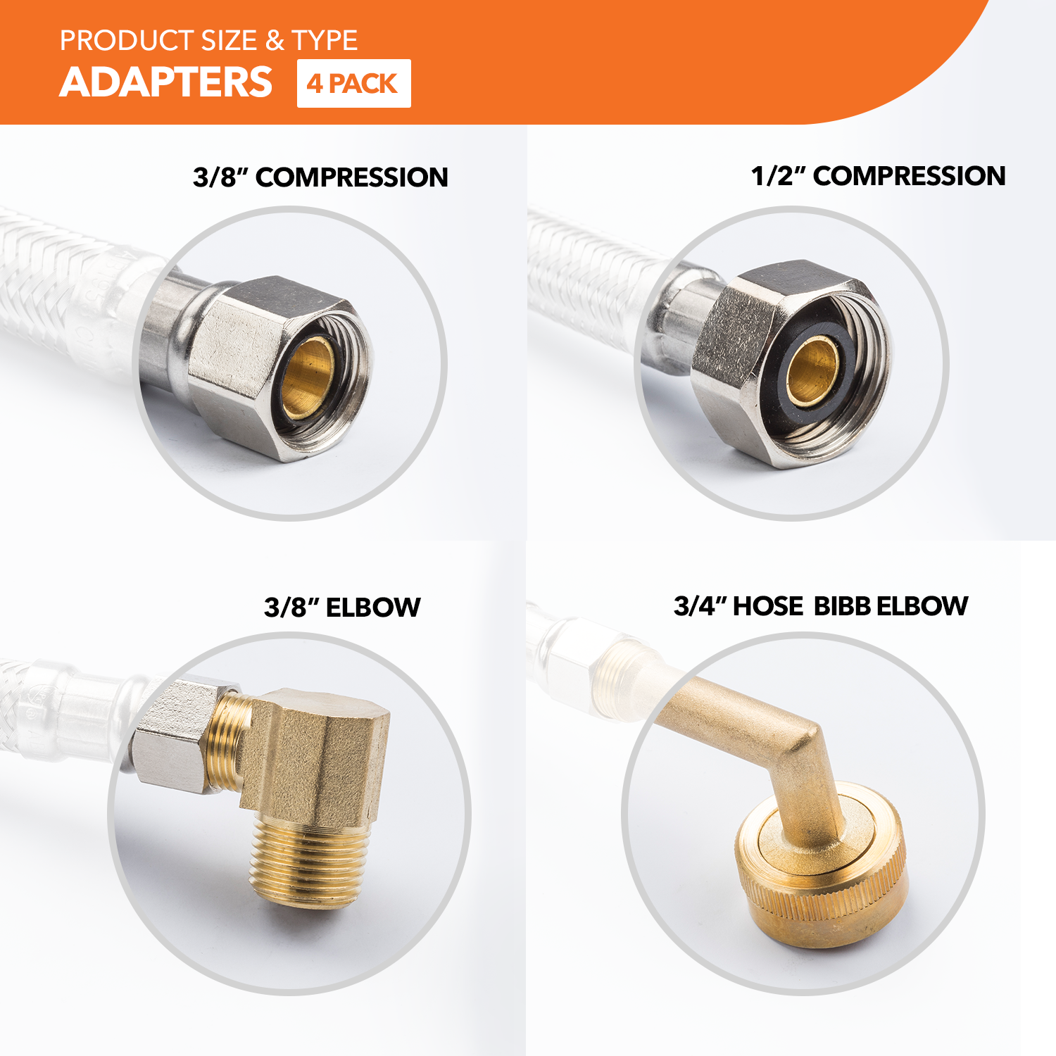 Dishwasher Kit - 3/8" Comp. Braided Dishwasher Connector + Adapters (4)