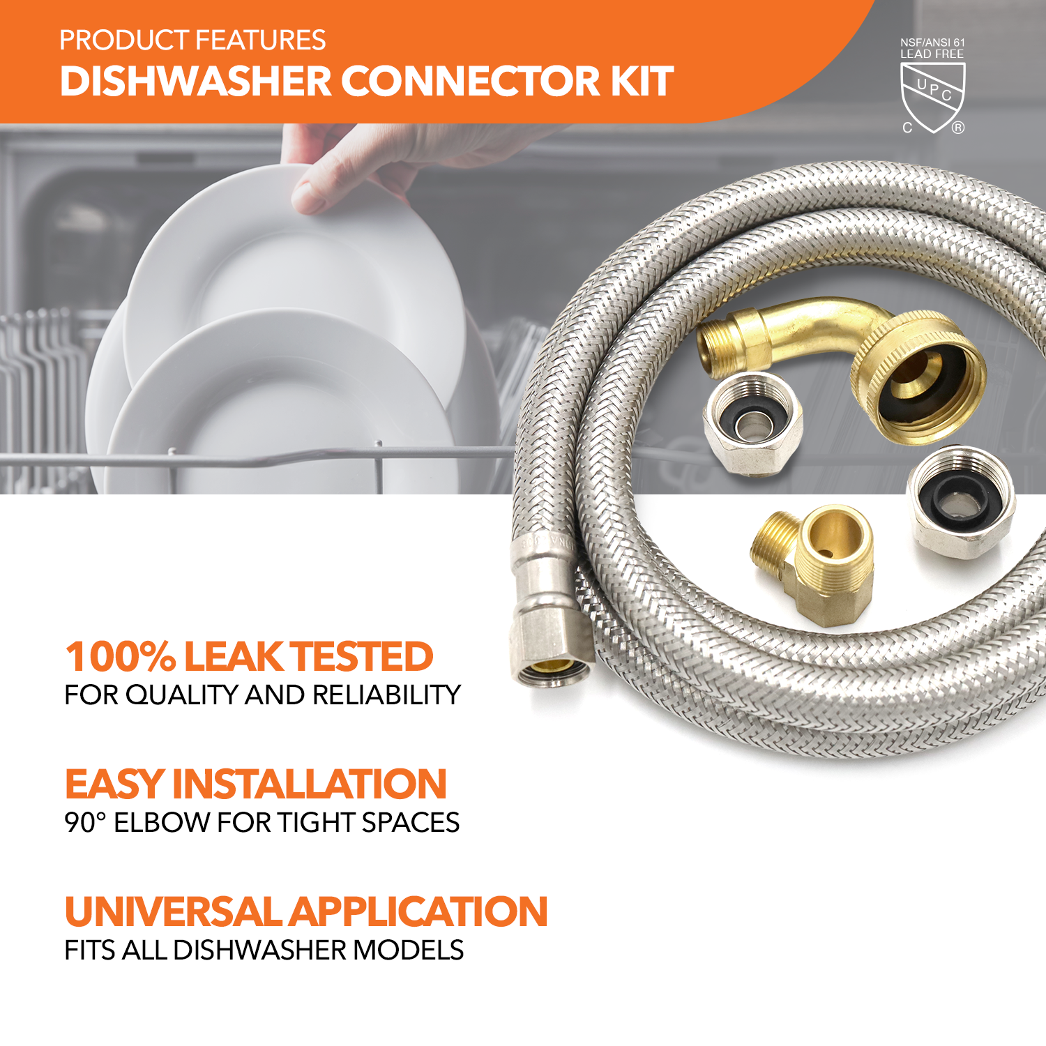 Dishwasher Kit - 3/8" Comp. Braided Dishwasher Connector + Adapters (4) - 0