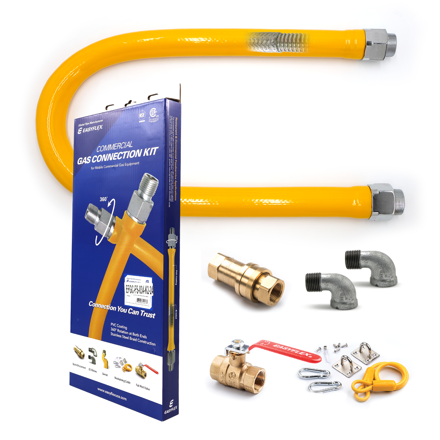 Commercial Gas Connection Kit - 1-1/4" OD Yellow Coated Commercial Gas Connector + Parts