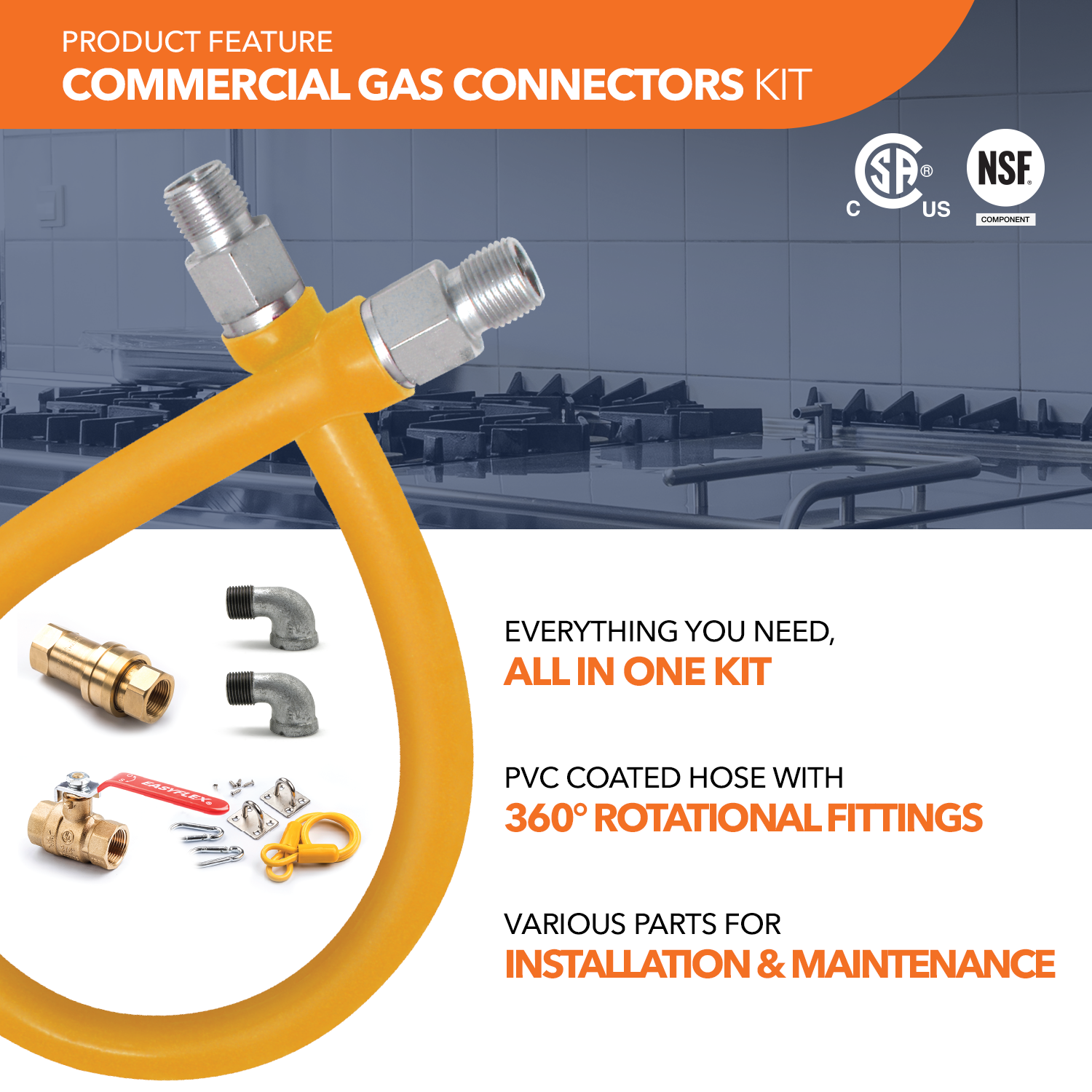 Commercial Gas Connection Kit - 1-1/4" OD Yellow Coated Commercial Gas Connector + Parts