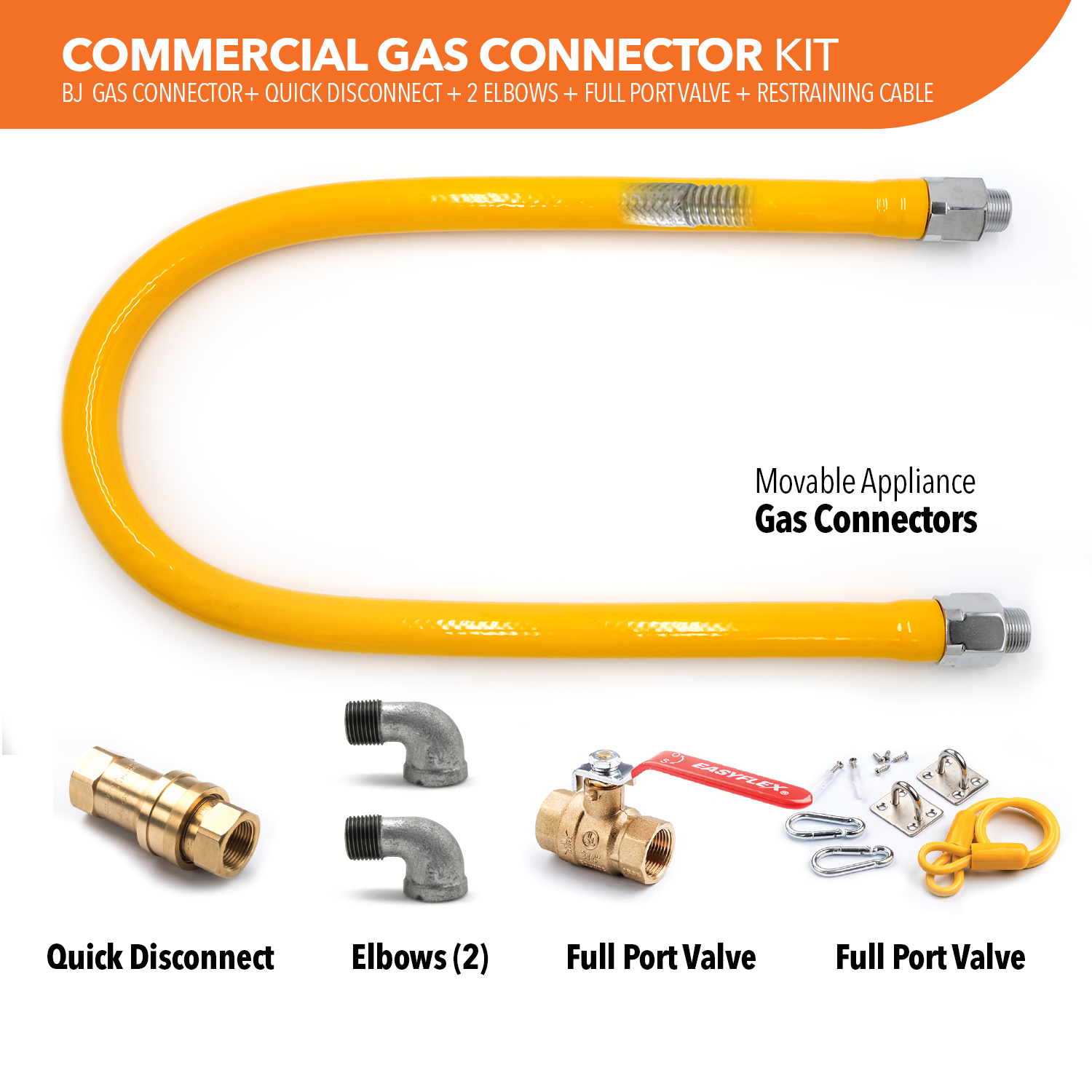 Commercial Gas Connection Kit - 5/8" OD Yellow Coated Commercial Gas Connector + Parts - 0