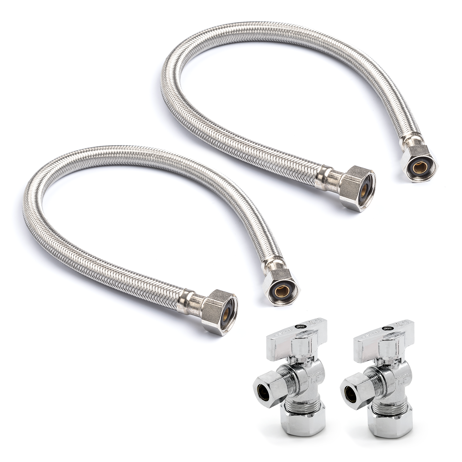 3/8" Comp. x 1/2" FIP Braided Faucet Connectors (2) + 5/8" Comp. x 3/8" Comp. Supply Stop Valves (2)