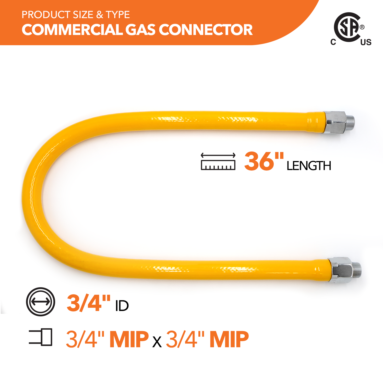 1" OD Yellow Coated Commercial Gas Connector - 0