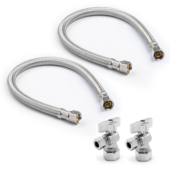 3/8" Comp. x 3/8" Comp. Braided Faucet Connectors (2) + 5/8" Comp. x 3/8" Comp. Supply Stop Valves (2)
