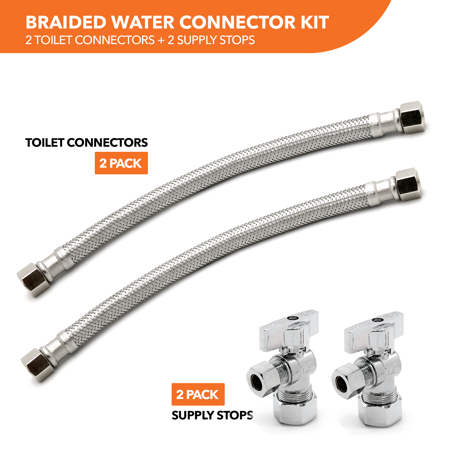 3/8" Comp. x 3/8" Comp. Braided Faucet Connectors (2) + 5/8" Comp. x 3/8" Comp. Supply Stop Valves (2) - 0