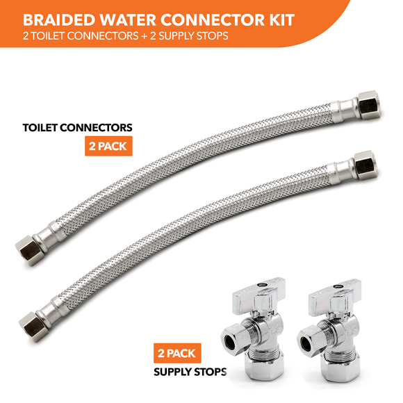 3/8" Comp. x 3/8" Comp. Braided Faucet Connectors (2) + 5/8" Comp. x 3/8" Comp. Supply Stop Valves (2)