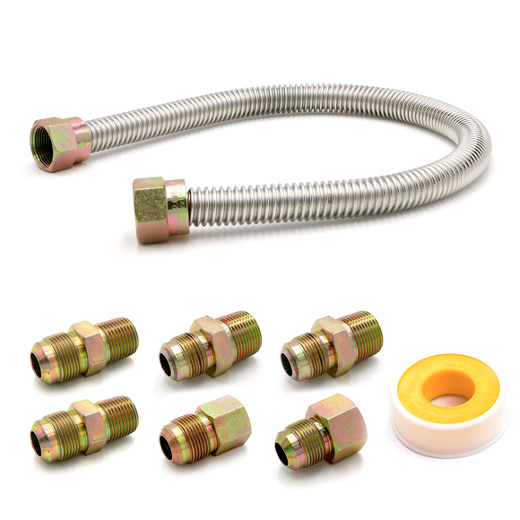 5/8" OD (1/2" ID) Stainless Steel Gas Connector + Fittings (6) + PTFE Tape