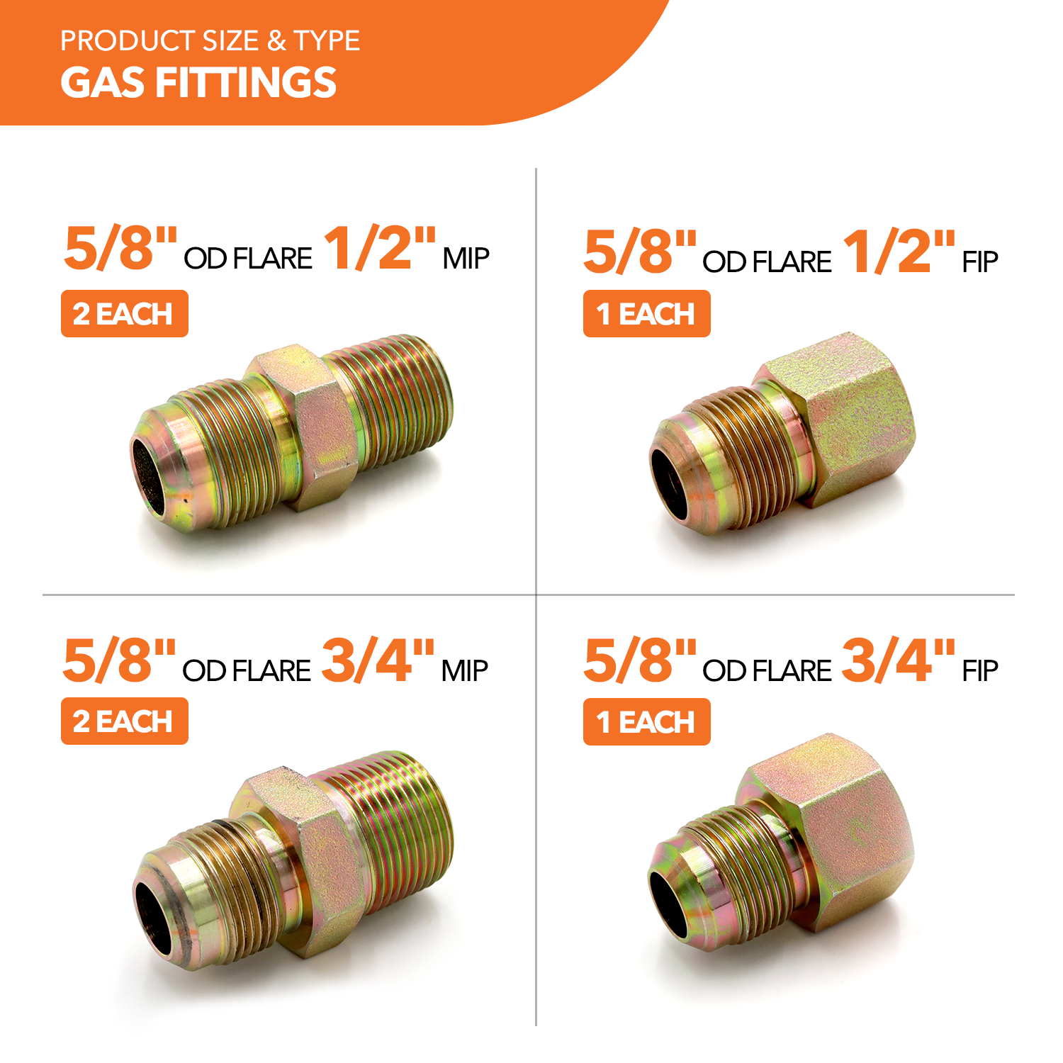 5/8" OD (1/2" ID) Stainless Steel Gas Connector + Fittings (6) + PTFE Tape