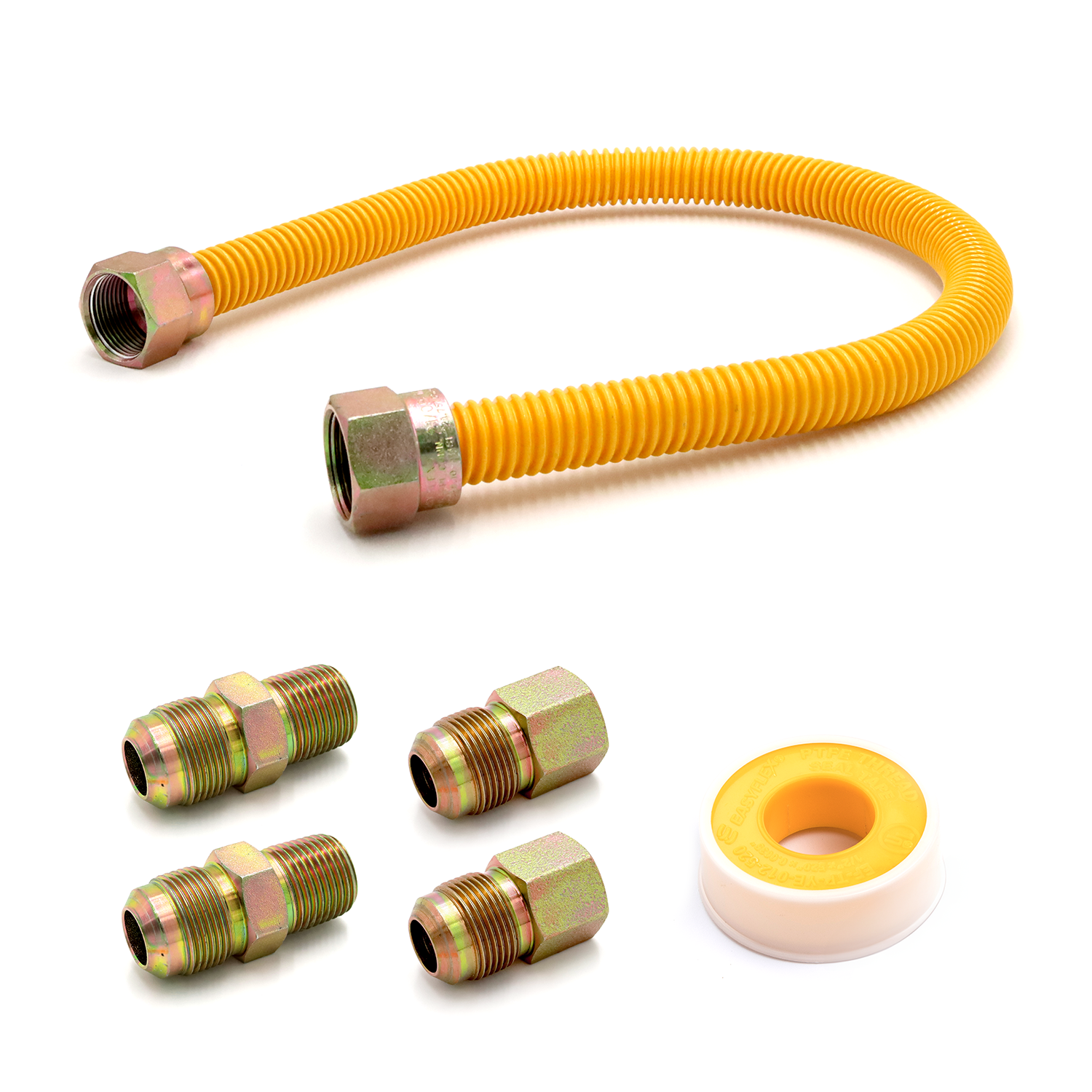 5/8" OD (1/2" ID) Yellow Coated Gas Connector + Fittings (4) + PTFE Tape