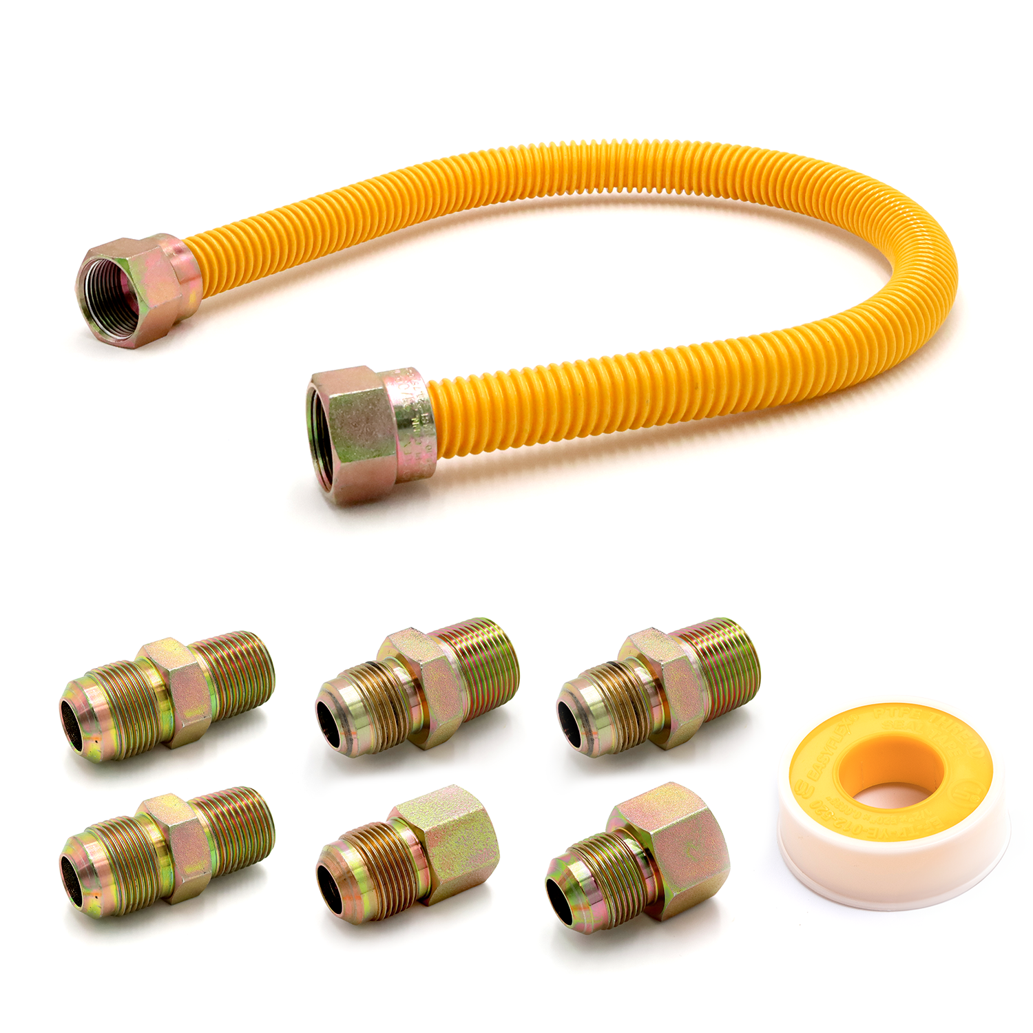 5/8" OD (1/2" ID) Yellow Coated Gas Connector + Fittings (6) + PTFE Tape