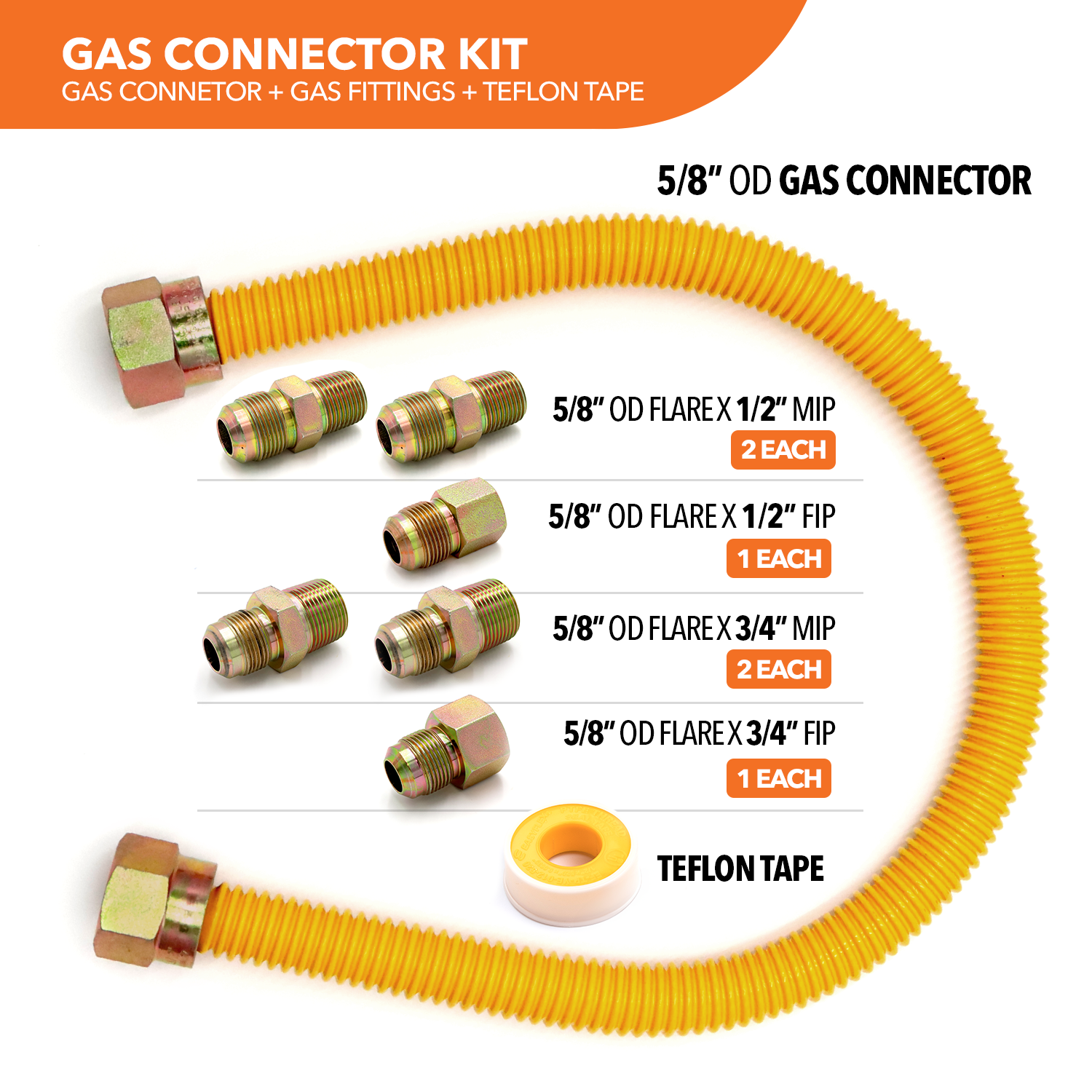 5/8" OD (1/2" ID) Yellow Coated Gas Connector + Fittings (6) + PTFE Tape - 0