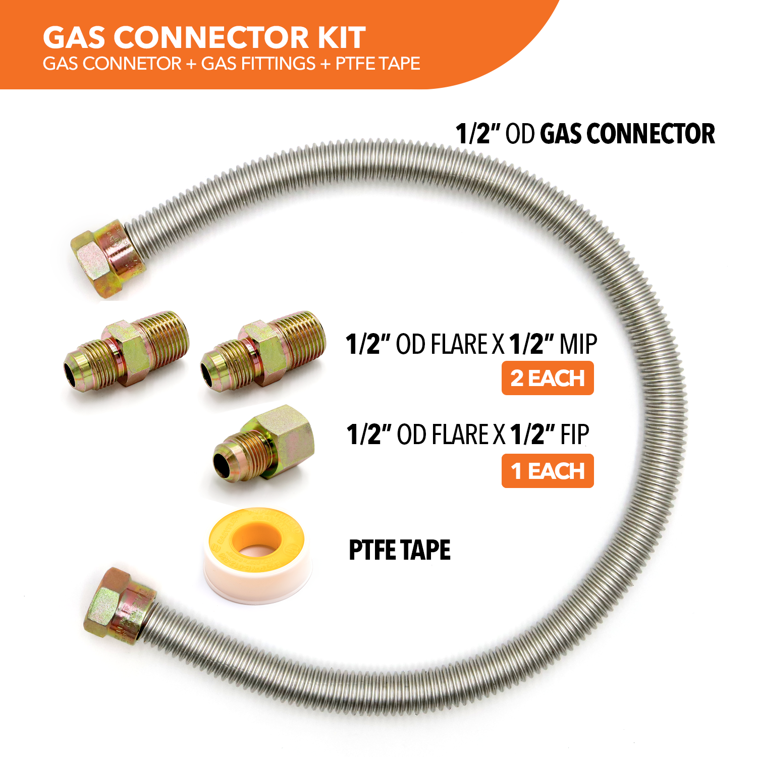 1/2" OD (3/8" ID) Stainless Steel Gas Connector + Fittings (3) + PTFE Tape - 0