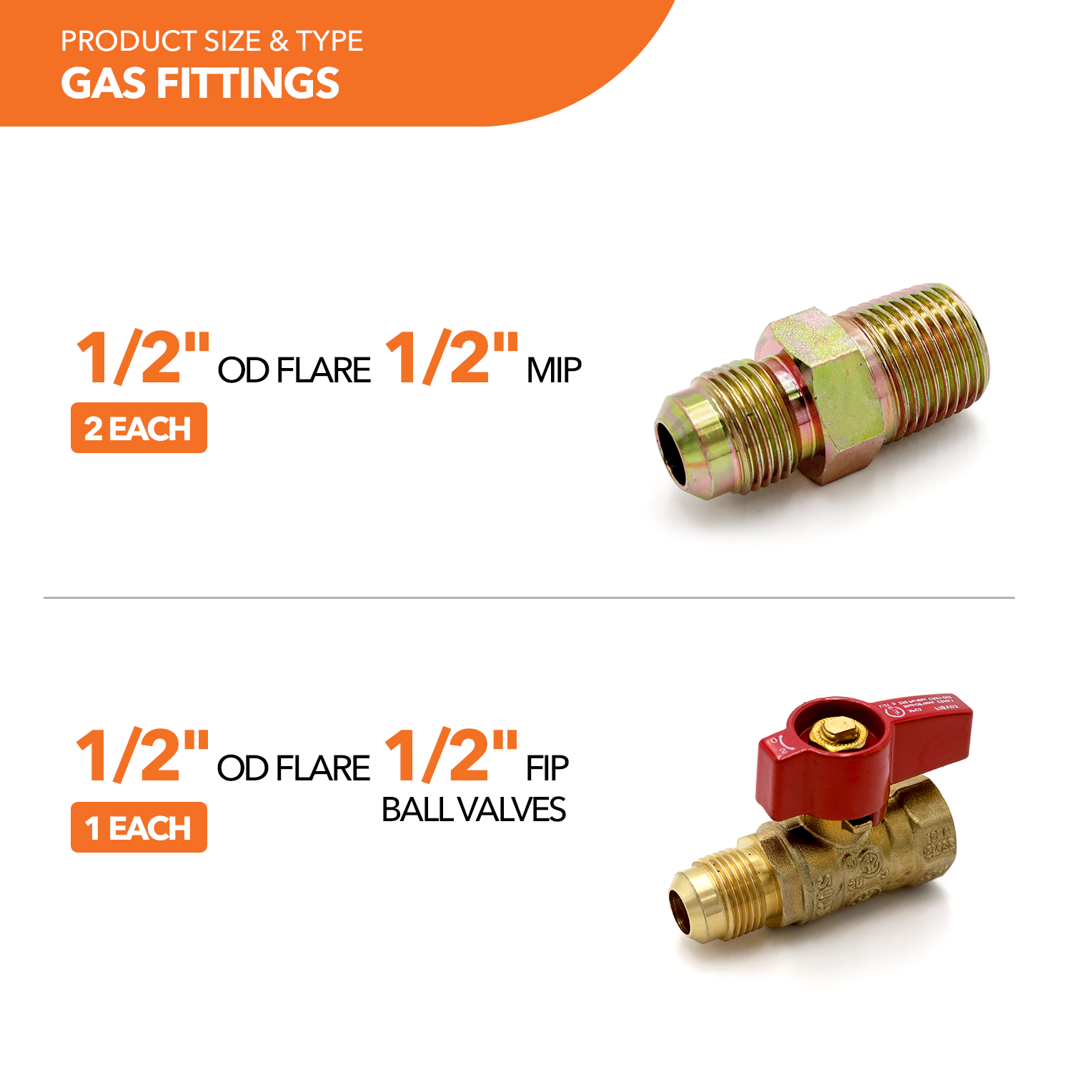 1/2" OD (3/8" ID) Stainless Steel Gas Connector + Fittings (2) + Valve + PTFE Tape