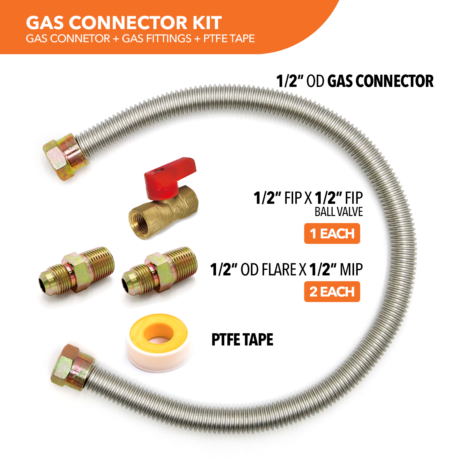 1/2" OD (3/8" ID) Stainless Steel Gas Connector + Fittings (2) + Valve + PTFE Tape - 0