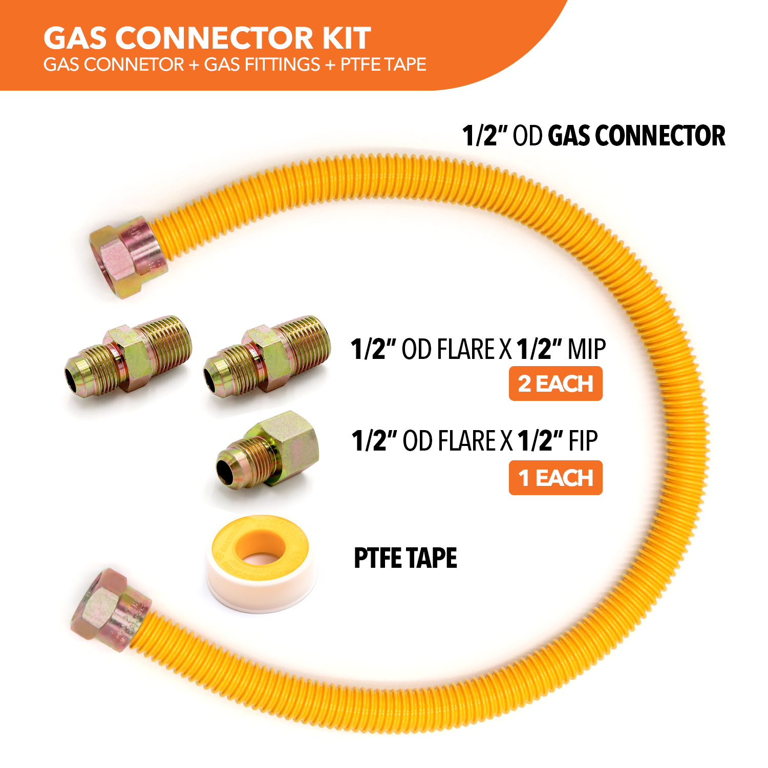 1/2" OD (3/8" ID) Yellow Coated Gas Connector + Fittings (3), and PTFE Tape - 0