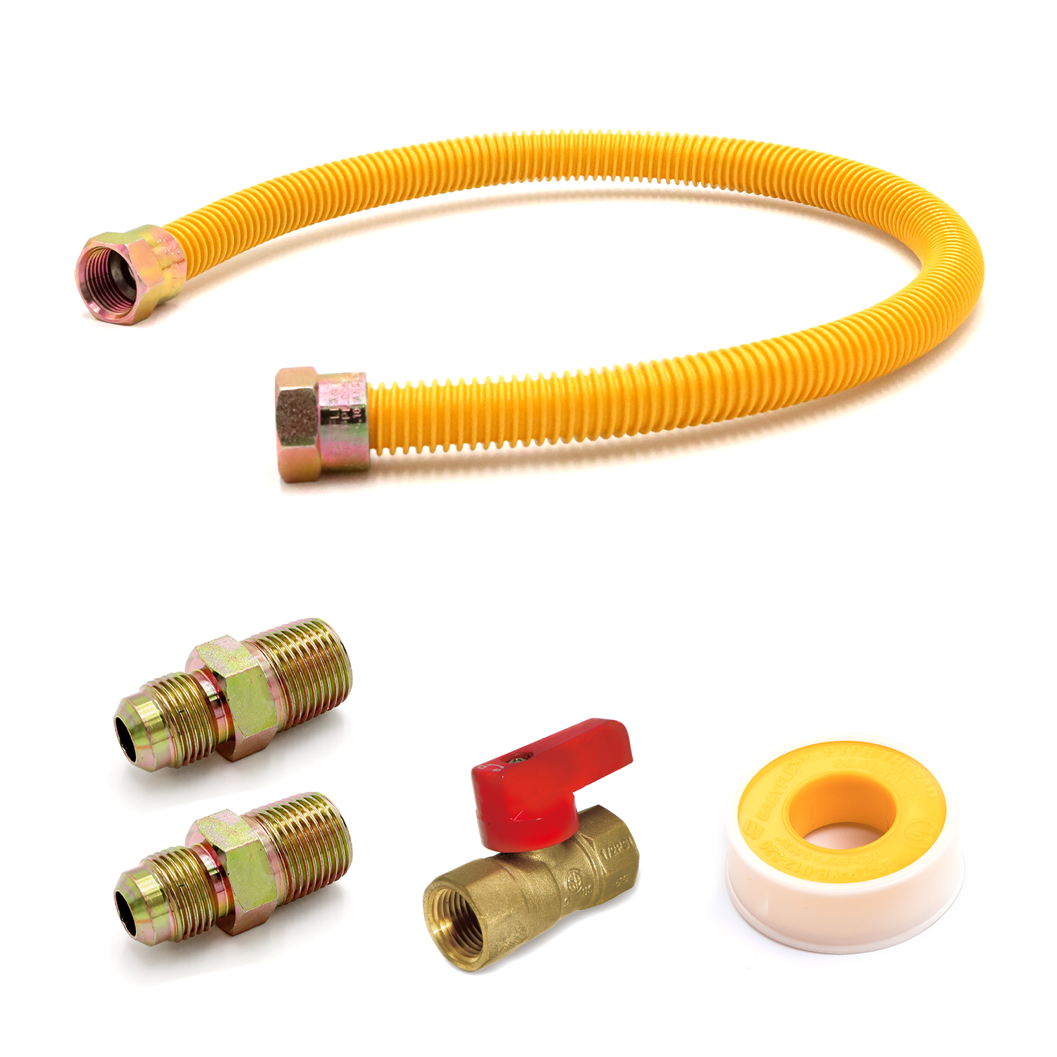 1/2" OD (3/8" ID) Yellow Coated Gas Connector + Fittings (2) + Valve + PTFE Tape