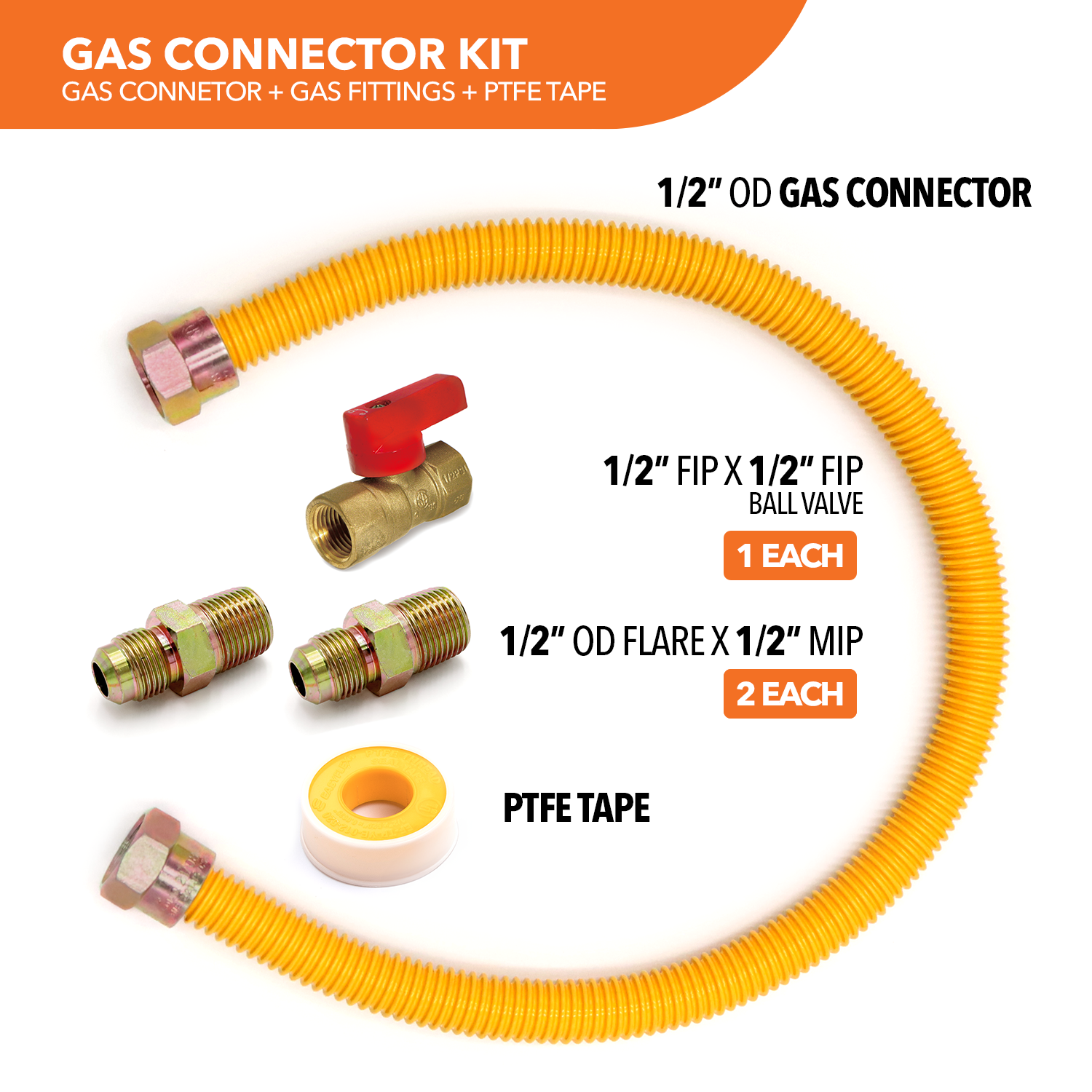 1/2" OD (3/8" ID) Yellow Coated Gas Connector + Fittings (2) + Valve + PTFE Tape