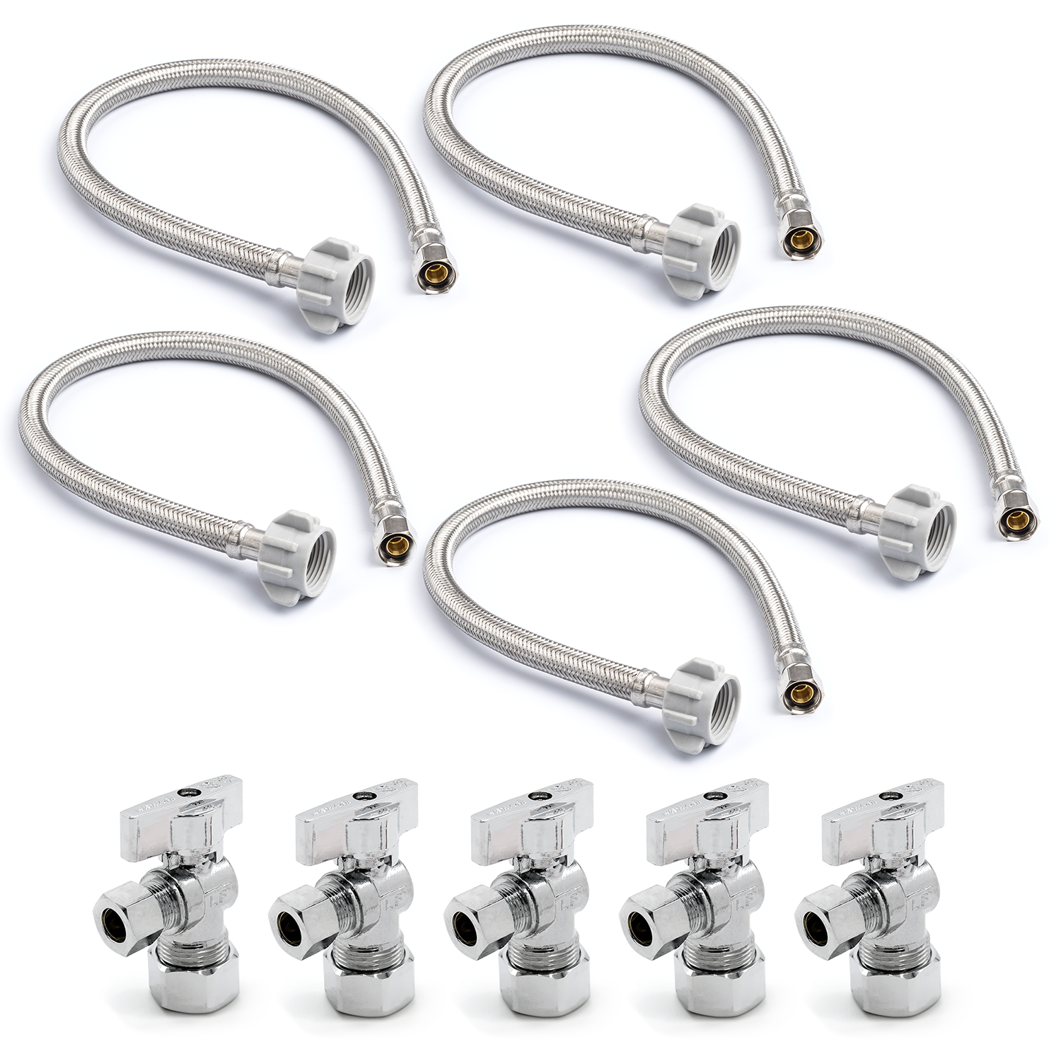 Ballcock Braided Toilet Connectors (5) + Supply Stop Valves (5)