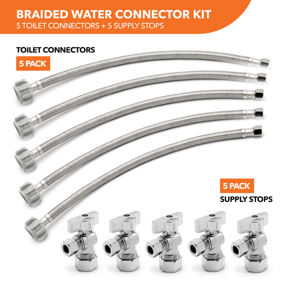 Ballcock Braided Toilet Connectors (5) + Supply Stop Valves (5)