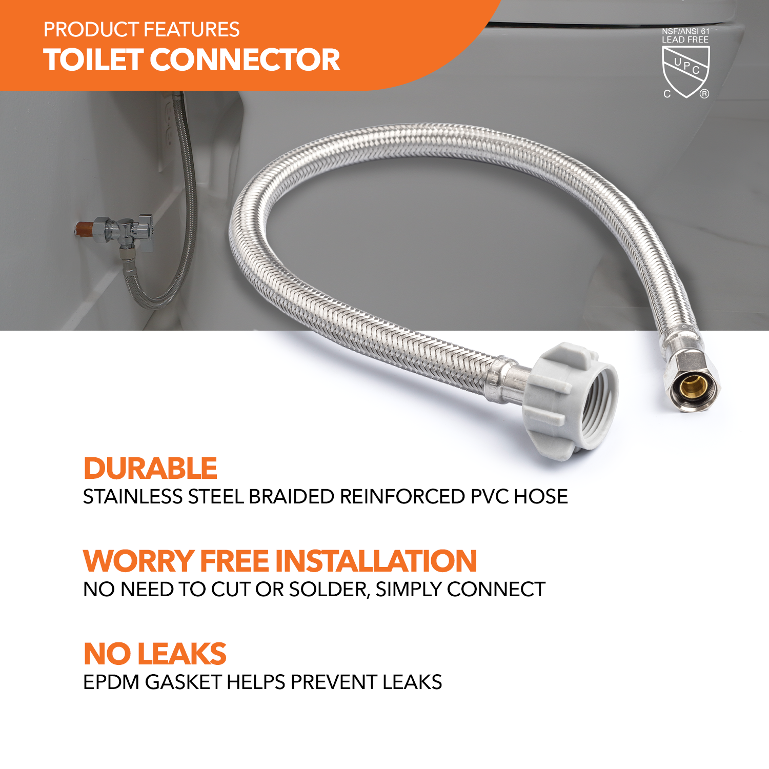 Ballcock Braided Toilet Connectors (5) + Supply Stop Valves (5)