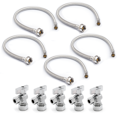Metal Ballcock Braided Toilet Connectors (5) + Supply Stop Valves (5)
