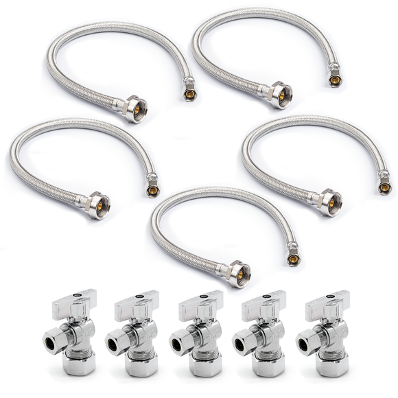 Metal Ballcock Braided Toilet Connectors (5) + Supply Stop Valves (5)