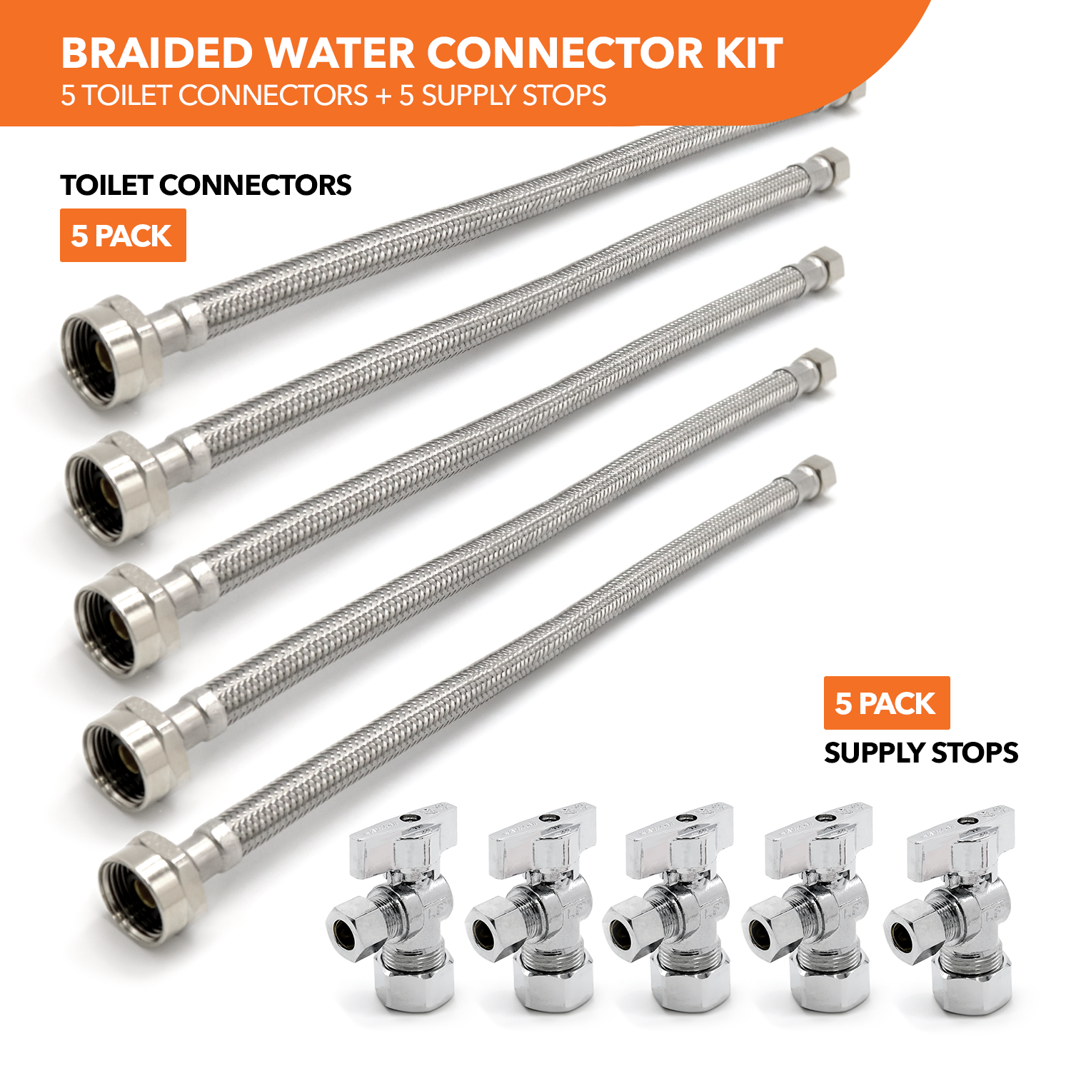 Metal Ballcock Braided Toilet Connectors (5) + Supply Stop Valves (5) - 0