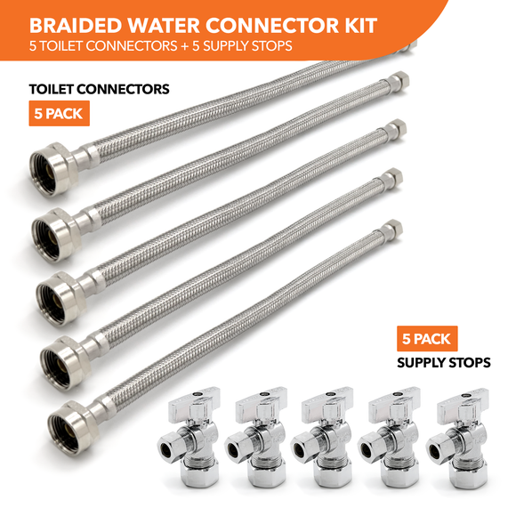 Metal Ballcock Braided Toilet Connectors (5) + Supply Stop Valves (5)