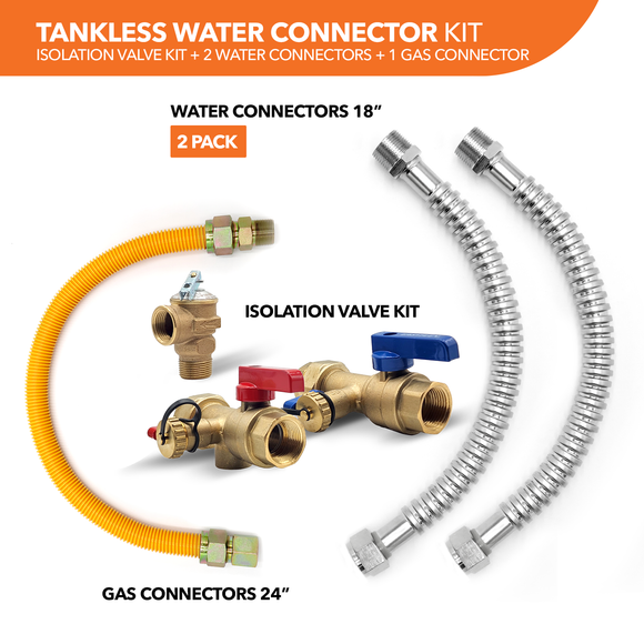 Tankless Water Heater Connection Kit1- Isolation Valves Kit + Water Heater Connectors (2) + Gas Connector + Pressure Relief Valve