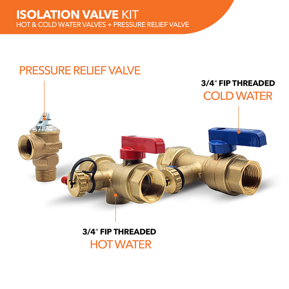 Tankless Water Heater Connection Kit2- Isolation Valves Kit + Water Heater Connectors (2) + Gas Connector + Pressure Relief Valve