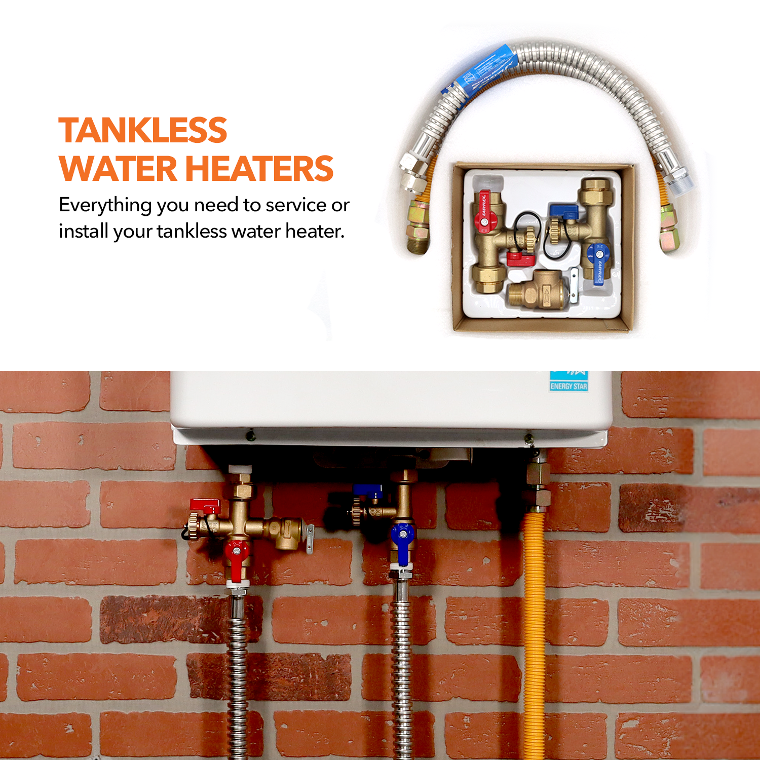 Tankless Water Heater Connection Kit1- Isolation Valves Kit + Water Heater Connectors (2) + Gas Connector + Pressure Relief Valve