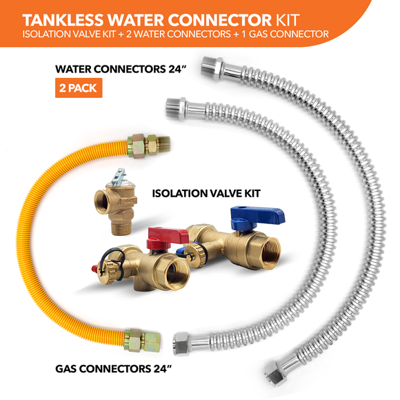 Tankless Water Heater Connection Kit2- Isolation Valves Kit + Water Heater Connectors (2) + Gas Connector + Pressure Relief Valve
